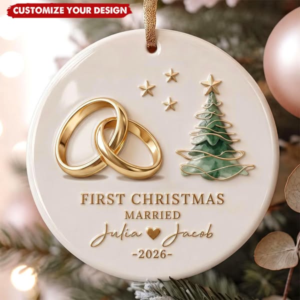 Personalized First Christmas Married Ceramic Ornament, Custom Couple Names & Year Keepsake Gift For Newlyweds