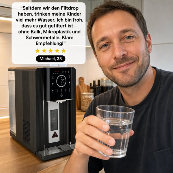 Kein Wasseranschluss nötig. 100 % gefiltertes Trinkwasser mit 3-stufigem Filtersystem