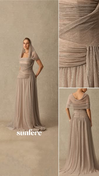 Khaki Pleated Draped Strapless Maxi Dress