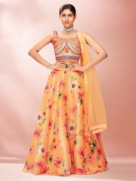 $1,123.42 |Myra Mustard Art Silk Embroidered Mirror Work Lehenga - XL