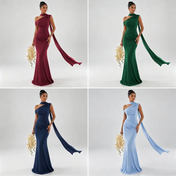 The Elara Riviera Scarf One-Shoulder Gown