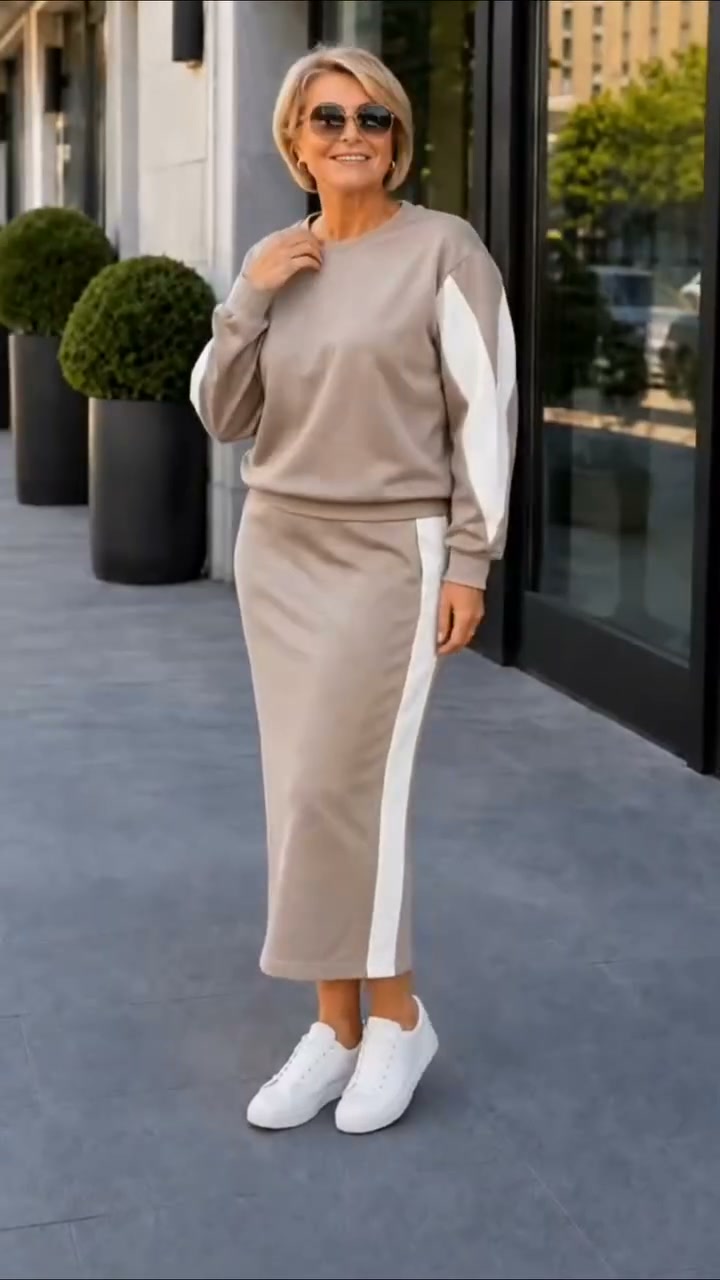 Gratis verzending Nieuwe Look Elegant 2‑delig dames set sweatshirt + midi rok, comfortabel gebreid ensemble
