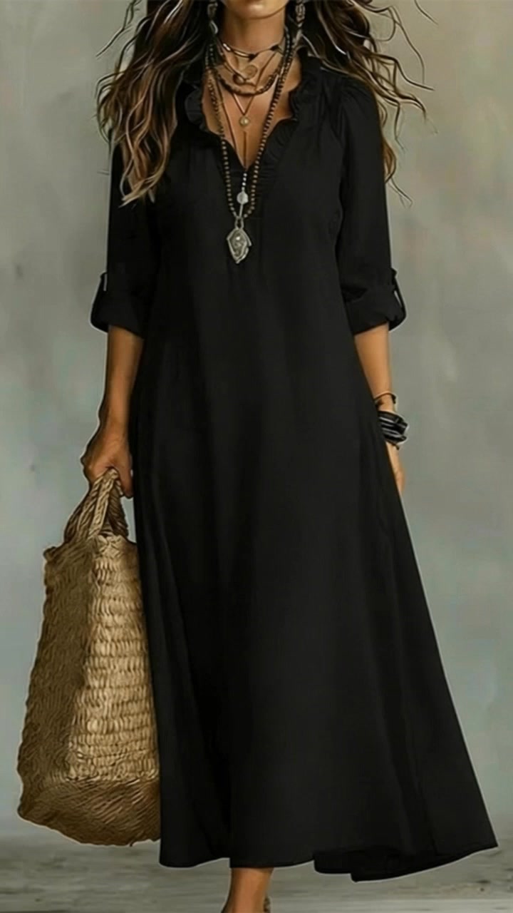 Mid-Season SaleBohème-Maxi-Kleid mit Rüschen & V-Ausschnitt