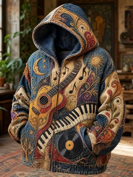 Find Your Music-Inspired Style Men's Hippie Vintage Patchwork Sun Moon Guitar Piano Vinyl Print Hooded Zip Up Jacket