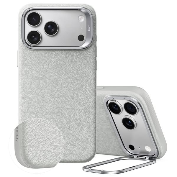 iPhone 18 Pro Max Atelier Vegan Leather Magnetic Case with Camera Control and Flex Stand - Light Gray