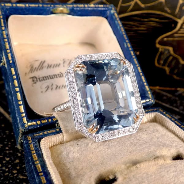 16.2ctw Emerald Cut Aquamarine Halo Ring