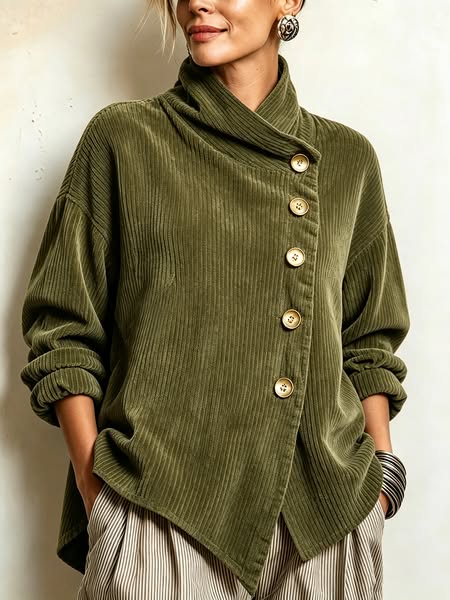Chic High Funnel Neck Asymmetric Corduroy Top