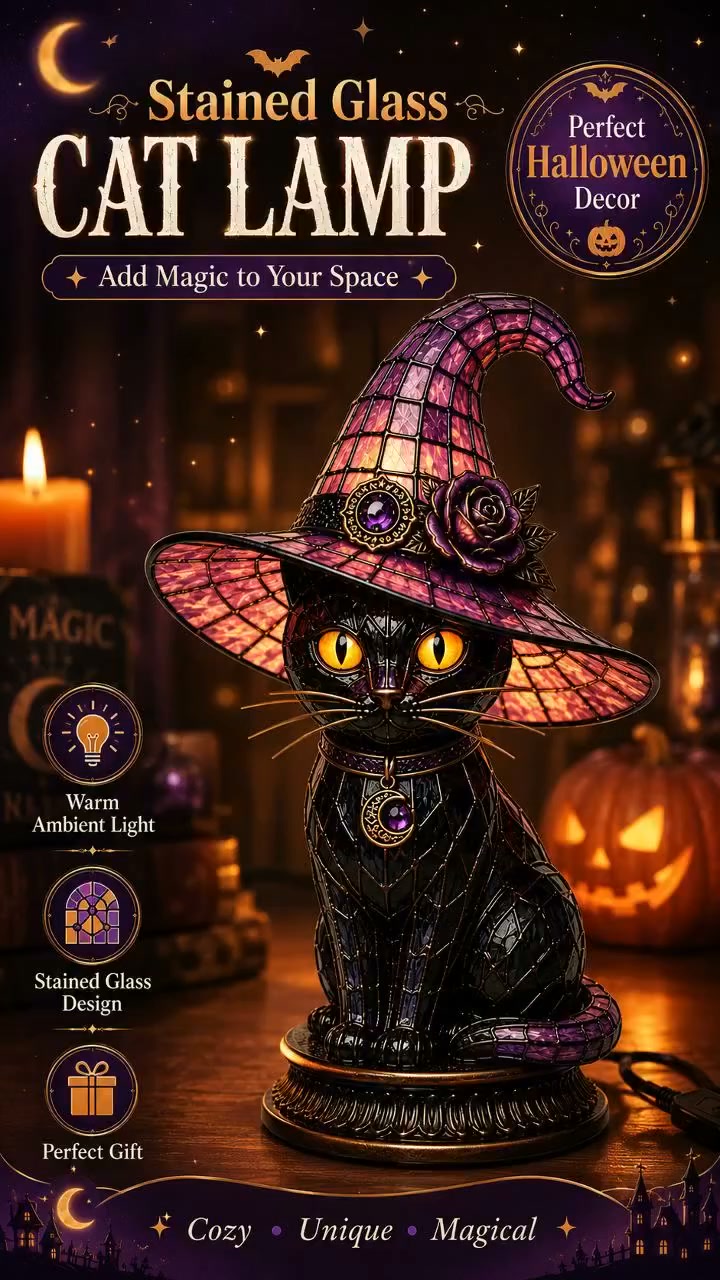 Gothic Halloween Witch Cat Table Lamp