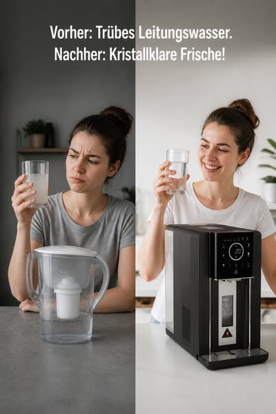 Kein Wasseranschluss nötig. 100 % gefiltertes Trinkwasser mit 3-stufigem Filtersystem