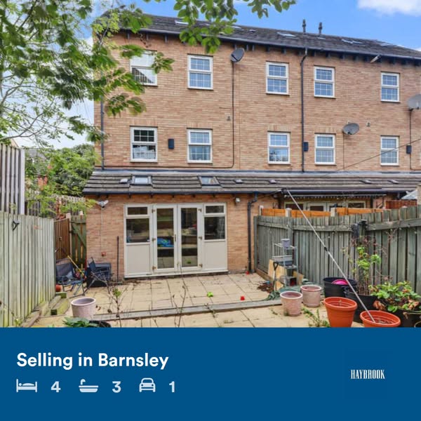 Spacious four-bed end town house in a popular Barnsley estate. Four bedrooms, two en-suites, four WCs, converted garage and ample parking. L