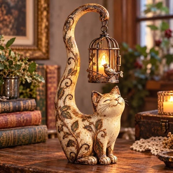 Vintage Cat Lantern Sculpture Lamp - A Little Guardian of Warmth, Memories & Cozy Corners