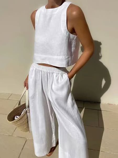 Elasticity Solid Color Loose Sleeveless Round-neck Two Pieces Set Pants Set WHITE-2XL