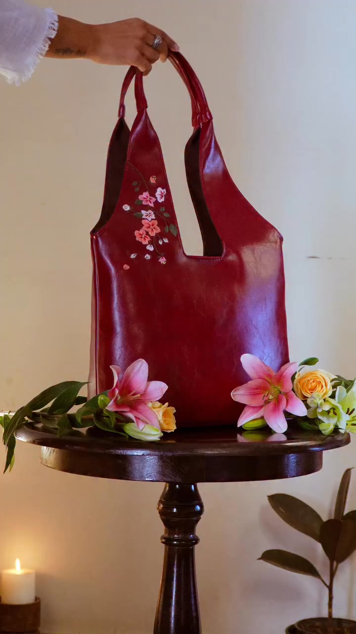 Misty Petals Hand Embroidered Chowk Tote - Kafal Berry