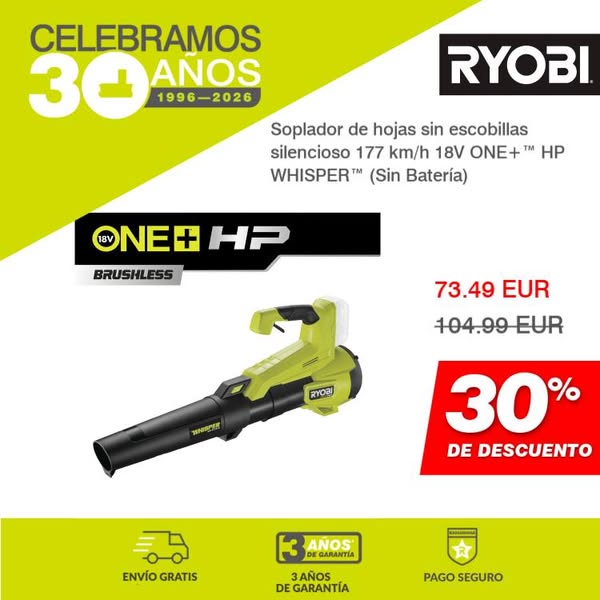 Soplador de hojas sin escobillas silencioso 177 km/h 18V ONE+™ HP WHISPER™ (Sin Batería)
