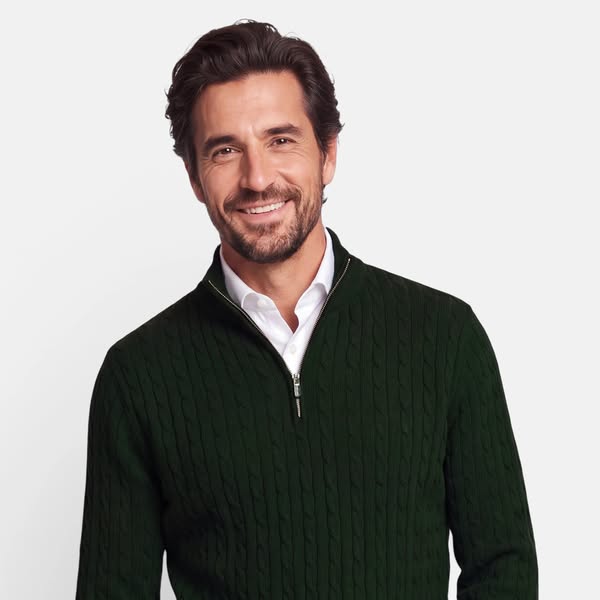 Cashmere Blend Cable Half Zip - Forest Green