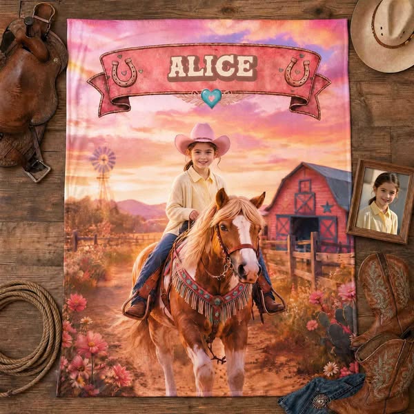 Manta personalizada com nome e foto para pequena cowgirl, em flanela/sherpa, ideal para cama e sofá. Manta rústica estilo rancho, perfeita p