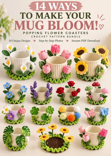 10+ Popping Flower Coasters Crochet Pattern Bundle