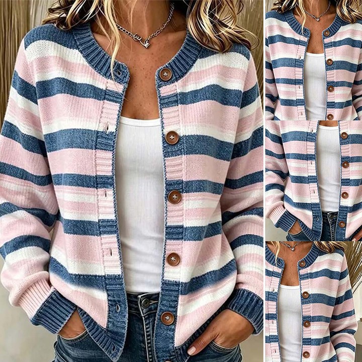 Striped Crew Neck Single-Breasted Cardigan
