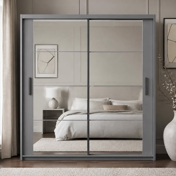 Alpha Mirror Sliding Door 203cm Wardrobe - Grey - Free Next Day Delivery