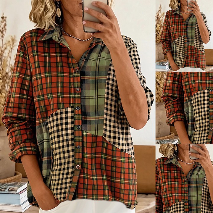 Lapel Color Block Plaid Long Sleeve Shirt