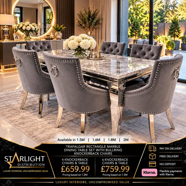Louis Trafalgar Marble Dining Table Set | Bull Ring Chairs | Starlight Distribution
