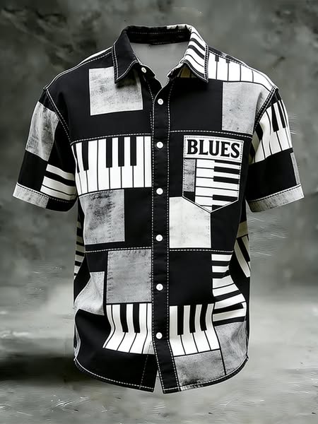 Men's Retro Blues Piano Geometric Patchwork Print Short Sleeve Shirt