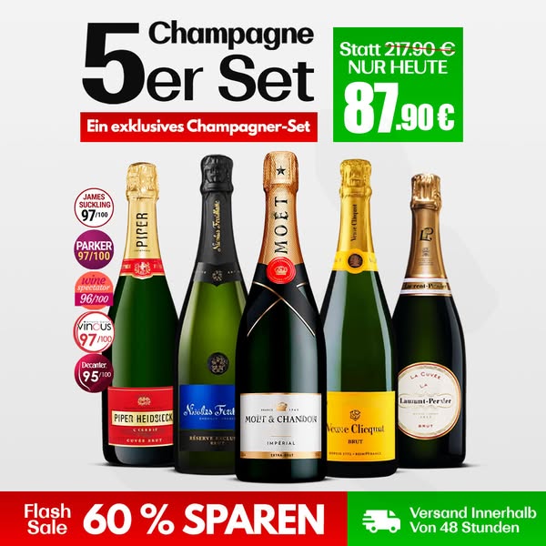 Veuve Clicquot Brut, Moët Impérial, Bollinger Special Cuvée, Mumm Cordon Rouge & Ruinart Brut