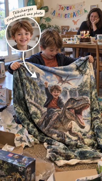 Le plaid Dino personnalisé avec son prénom et son visage