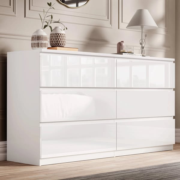 High Gloss Large 6 Drawer Chest of Drawers - Bedroom Dresser