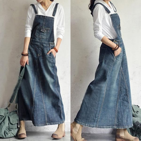 Causal Vintage-Inspired Back Slit Denim Overall Dress