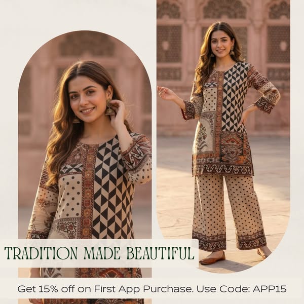 Multi Ethnic Floral Print Modal Silk A-Line Co-ord Set with Sequin Highlights, Round Neck & Cream Silk Blend Palazzo