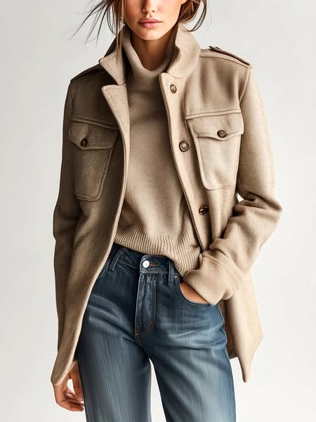 Vintage Khaki Stand Collar Wool Blend Short Coat