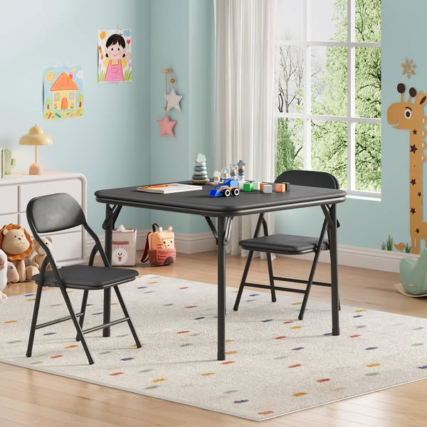 £45.99=Garvee 3-Piece Kids Folding Table and Chairs Set for Toddlers, Activity, Dining, Daycare, Classroom, PU Leather, Metal Frame, Black