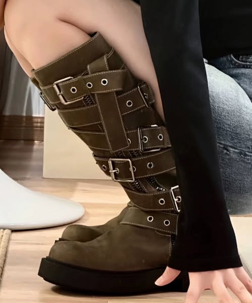 Casual Army Green Buckle Strap Faux Leather Splicing Platform High Heel Boots EU 37/ US 6/ UK 4