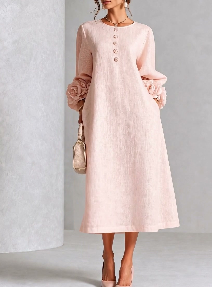 Midi Elegance couleur rose poudré avec des poignets à motifs floraux en 3D