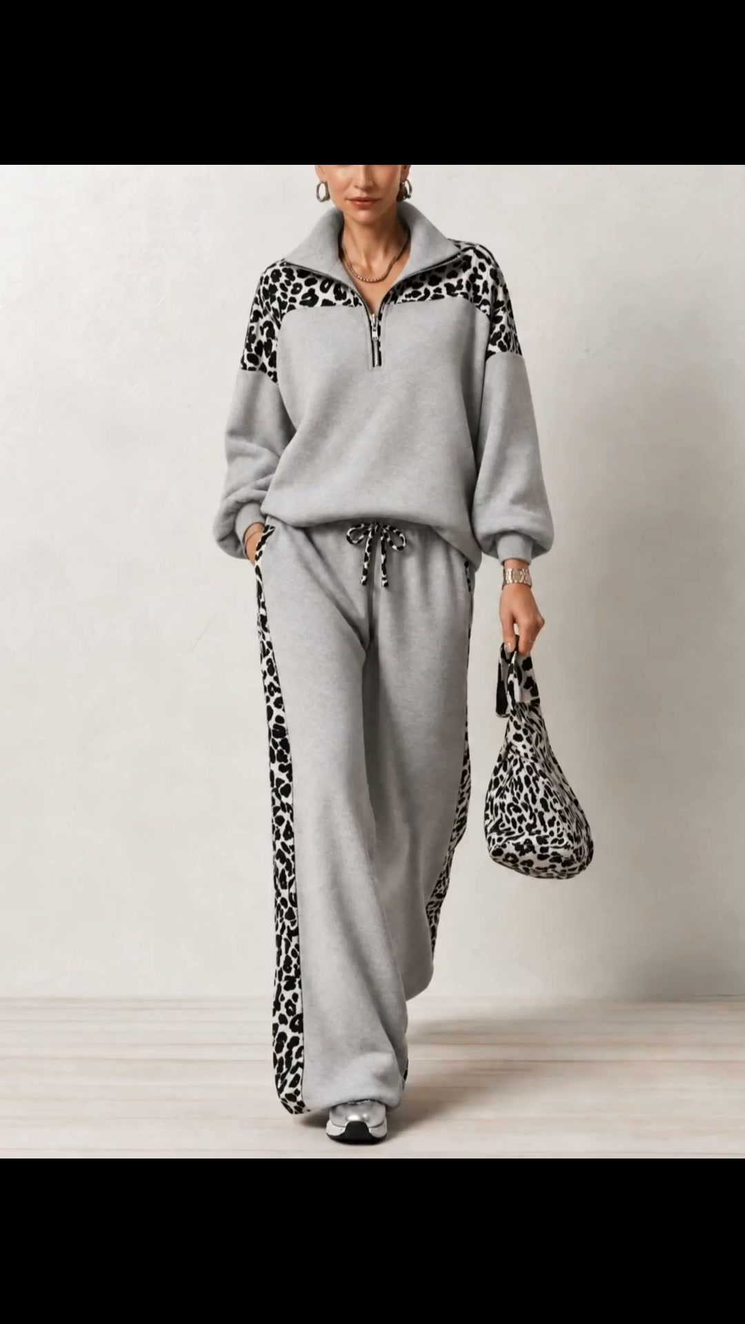 Grey Leopard‑Print Color‑Block Half‑Zip Sweatshirt And Wide‑Leg Pants Set | 10% OFF