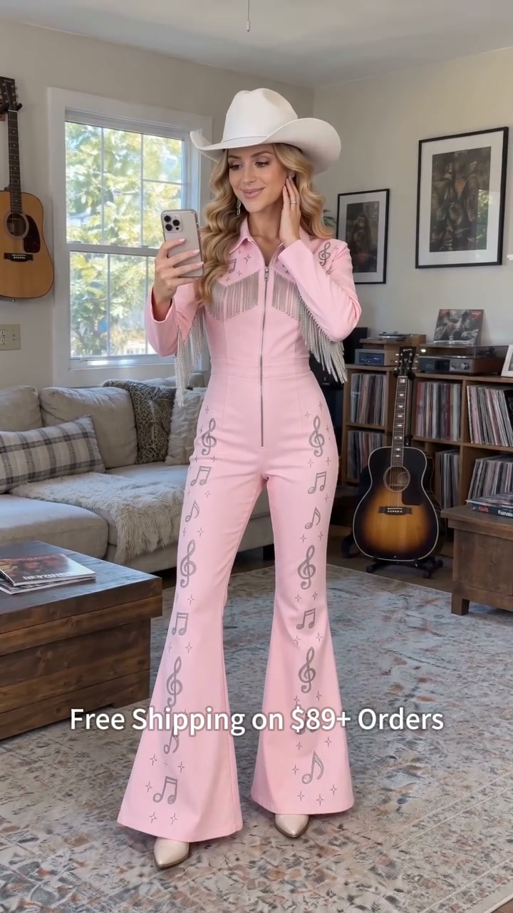 Women'S Light Pink Musical Note Print Shimmering Long Tassel Front Zip Jumpsuit