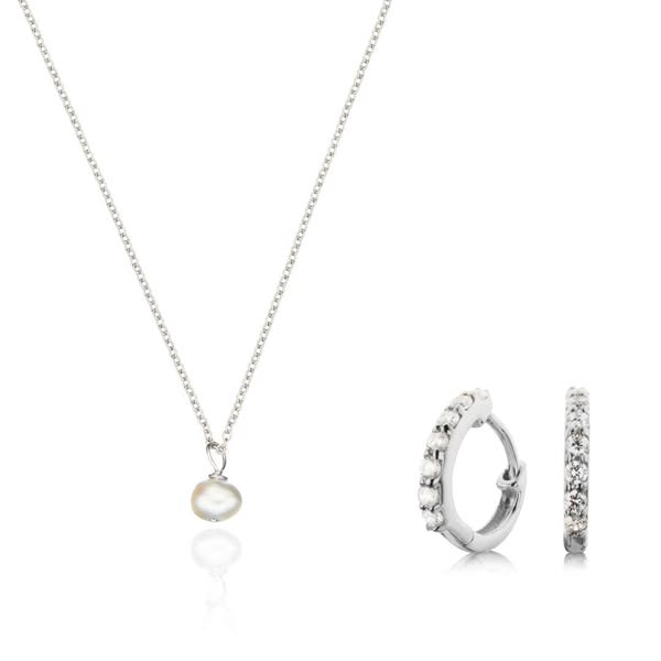 Silver Diamond Style Huggies and Single Pearl Necklace Gift Set