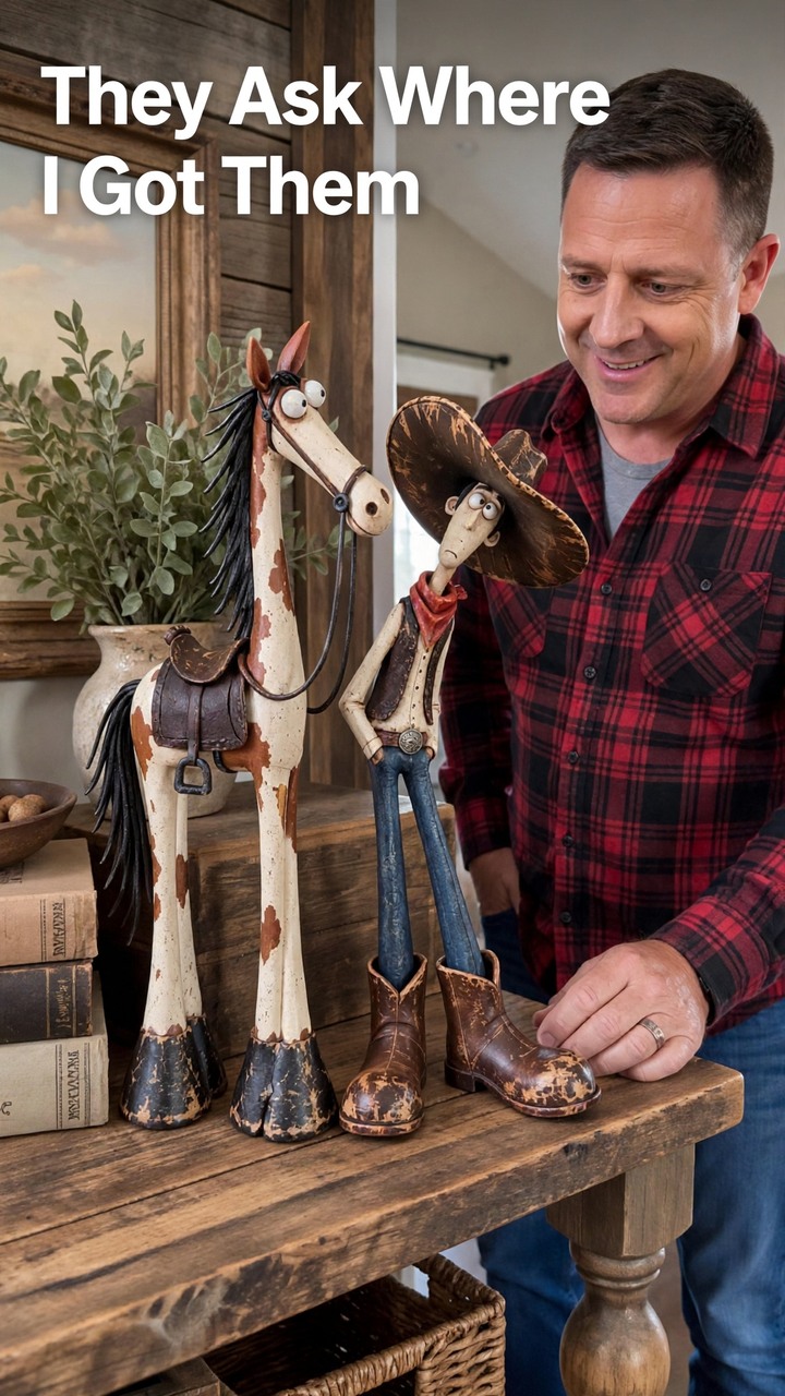 Rustic Western Cowboy & Horse Figurine Set – Whimsical Resin Shelf Decor (2-Piece)