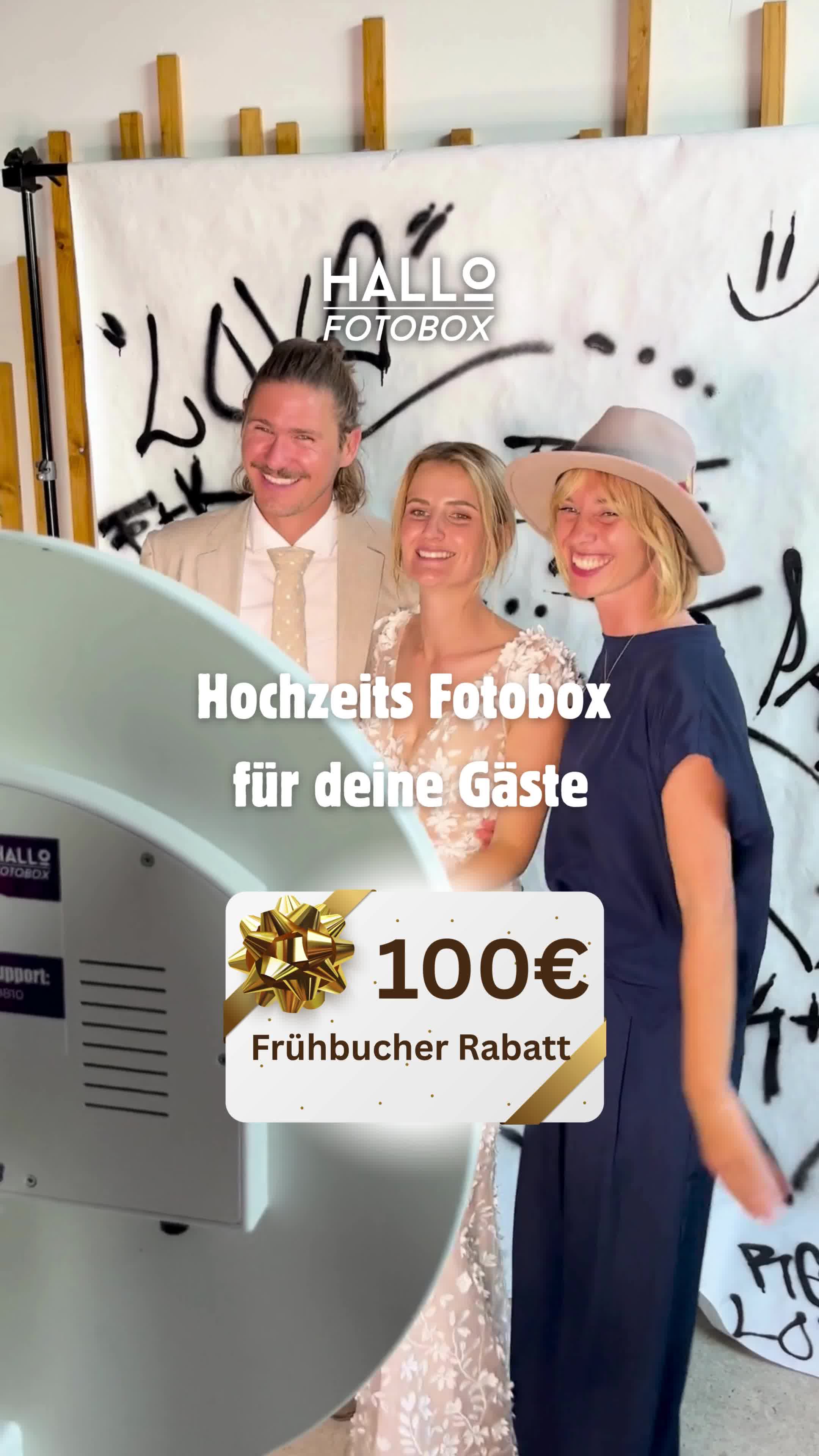 100 € Frühbucherrabatt sichern – jetzt Termin prüfen!
Eure Gäste werden es lieben Die HalloFotobox bringt Spaß, Erinnerungen & Sofortd