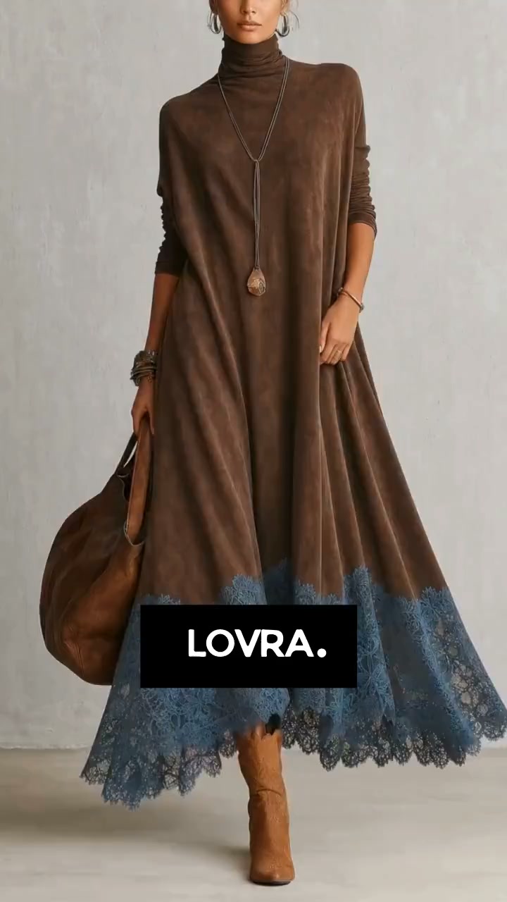 Vestido largo de manga larga con bajo de encaje y tacto de ante marrón vintage