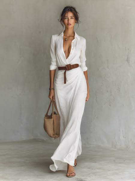 Ladies Lapel Single Breasted Long Sleeve Belted Maxi Dress