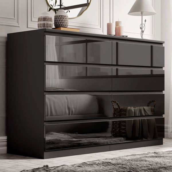 High Gloss Wide 8 Drawer Chest of Drawers - Bedroom Dresser