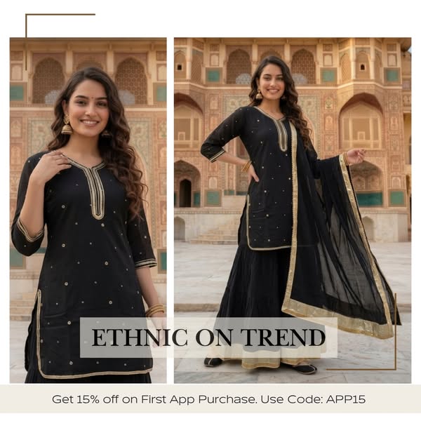 Black Solid Cotton Straight Kurta Set with Gota Work, Sharara & Solid Taping Dupatta