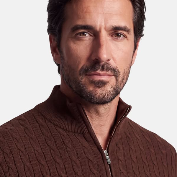 Cashmere Blend Cable Half Zip - Cognac Brown
