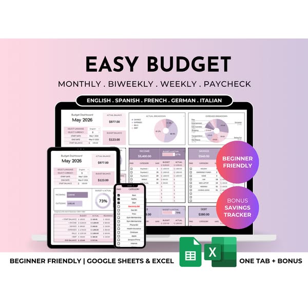 Simple Budget Planner for Beginners - Google Sheets & Excel Spreadsheet (Purple)
