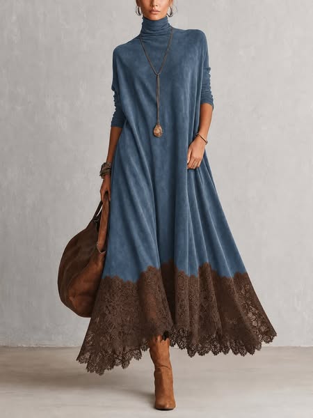 Vestido largo de manga larga con bajo de encaje y tacto de ante marrón vintage
