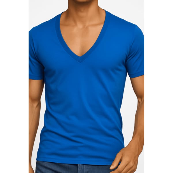 T-shirt męski głęboki dekolt Alpha V niebeski W5510
