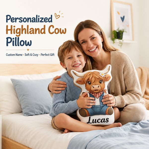 Personalized Highland Cow Pillow Custom Name Farm Animal Cushion Kids Nursery Decor Western Baby Room Gift