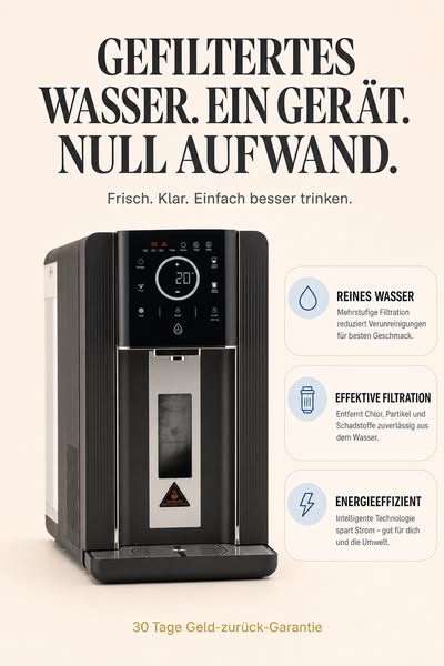 Kein Wasseranschluss nötig. 100 % gefiltertes Trinkwasser mit 3-stufigem Filtersystem